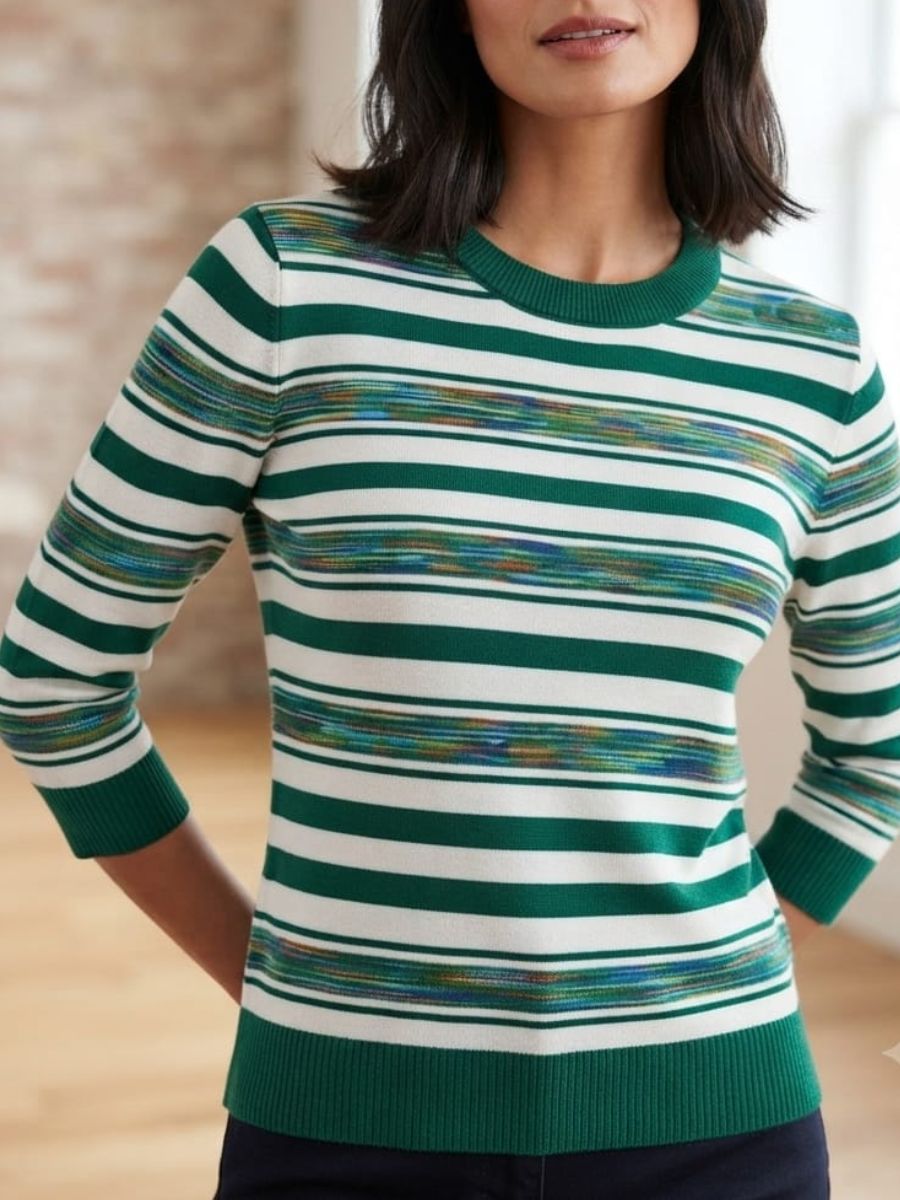 ModaFesta -your everyday wardrobe with this stylish green and white striped ribbed knit top